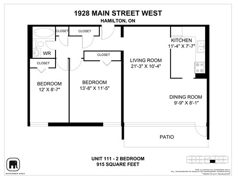 A floor plan for a unit at 1928 Main Street West in Hamilton, Ontario, showing a bedroom, living room, kitchen, dining room, and patio.